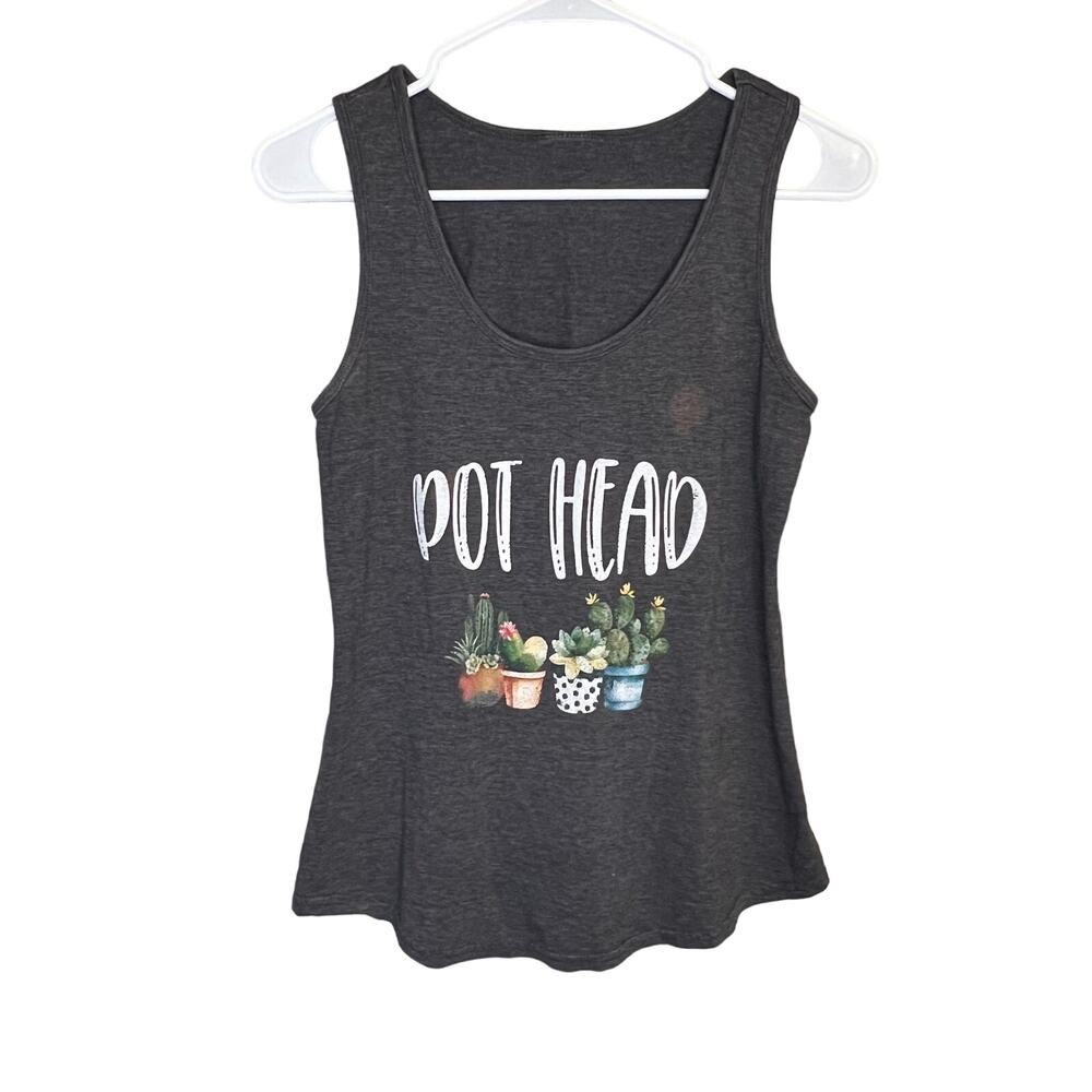 Funny Pot Head Plant Gardening Graphic Gray Sleeveless Scoop Neck Tank Top Small